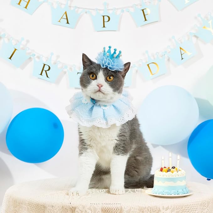 Cat Princess Costumes Cat Crown Hat & Lace Bandana Scarf Set, Puppy Party Hat for Small Dogs & Cats, Lace Outfit for Cats and Small Dogs Birthday Party (Blue)