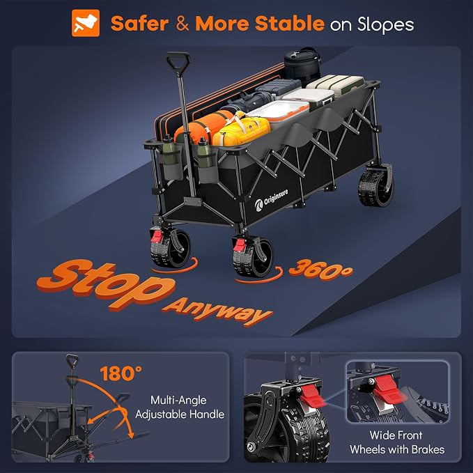 Originsure 300L Beach Wagon Cart Foldable with Big Wheels,560lbs,Grey&Black | 48" Folding Utility Wagon,7" All-Terrain Wheels,Heavy Duty Frame,Compact&Space-Saving,for Camping,Sports,Grocery,Garden