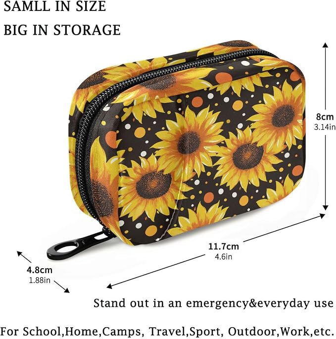 Fustylead Vibrant Yellow Sunflowers on Black Background Pill Organizer Case with Zipper 2 Times A Day for Vitamin and Supplement, 7 Day Travel Organizer Medicine Case