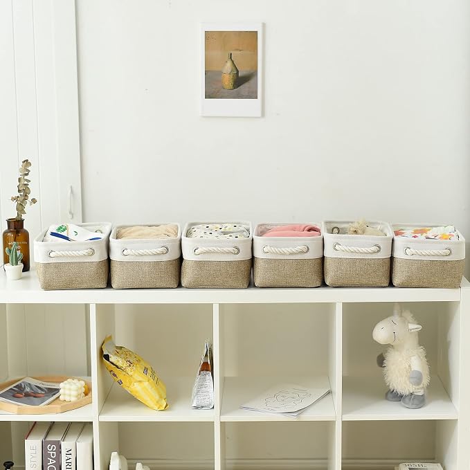 Storage Basket for Shelves - 12x8x5.2 inch Small 6 Pack Collapsible Storage Bin for Closet with Handles, Fabric Storage Cubes for Cloth Organizer Gift Toy Decorative (White & Khaki)