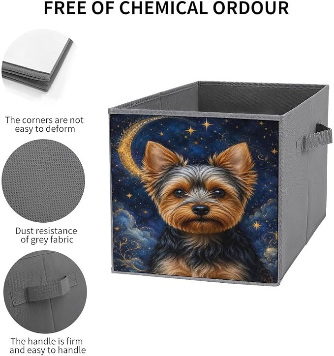 Yorkie Dog Starry Night Moon Storage Bin with Handles, Oxford Fabric Foldable Storage Cube Organizer for Clothes, Towels, Bedroom, Living Room, Home Organization