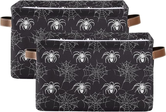 Wamika Happy Halloween Storage Basket with Waterproof Liner and PU Handles Spooky Spider Web Black Storage Bins Boxes 14.2" Collapsible Decorative Organizer Baskets for Bedroom Closet Office 2 Pack