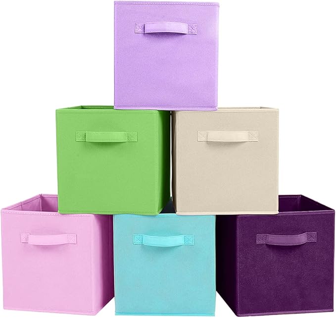 PowerKing Collapsible Storage Cubes, Farbic Storage Bins, 6 Colors, 6 Pack | Sturdy, Lightweight, Easy Pull Handle, Closet & Shelf Organizer, Clothes and Toys Storage, 10.5'' x 11'' x 10.5''