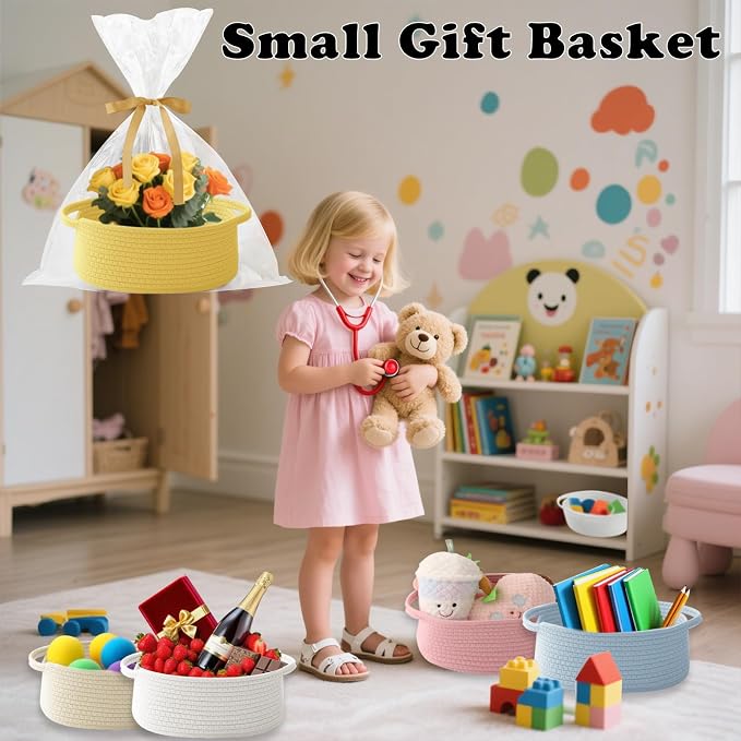 Woven Rope Basket - Baby Gift Basket with Bag & Ribbon, Yellow | Cotton rope with handle, 12 x 8 x 5 in, gift bag and ribbon, for baby shower, birthday, toy storage, nursery, shelf decor