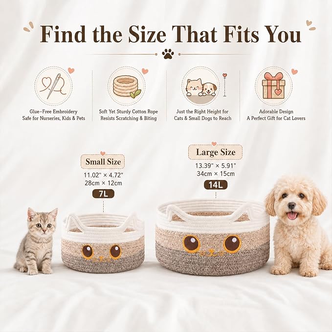 Small Cotton Rope Storage Basket,Round Cat Toy Basket for Living Room,Brown | Cute Decorative Dog Toy Basket, Toy Bin for Baby, Pet, Gift Basket for Halloween, Baby Shower , 11"×11"×4.7"