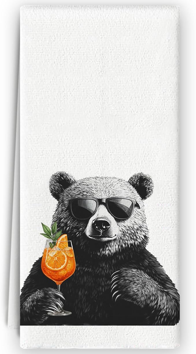 Funny Bear Aperol Spritz Kitchen Towels, Cocktail Lovers Gifts, Home Bar Decor, Aperol Spritz Cocktail Decorative Hand Towels Dish Towels for Kitchen Homebar, 16x24 Inch