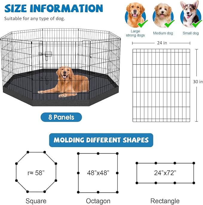 Artmalle 30-Inch Dog Playpen with Bottom Pad, 8-Panel Rustproof Fence | Eight 24"W x 30"H rustproof metal panels with waterproof 600D Oxford octagonal bottom pad for indoor, outdoor and RV use.