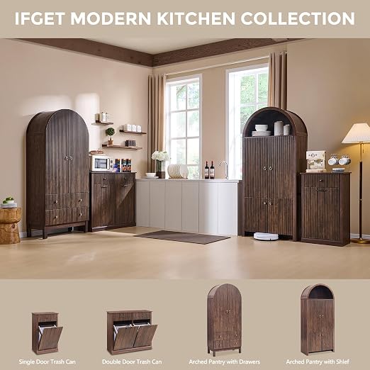 IFGET Triple Tilt Out Trash Can Cabinet, Modern Fluted Laundry Hamper Cabinet with 3 Drawers, 20 Gallon Hidden Wooden Garbage Can Cabinet w/Storage Basket & Adjustable Shelf, for Kitchen, Brown