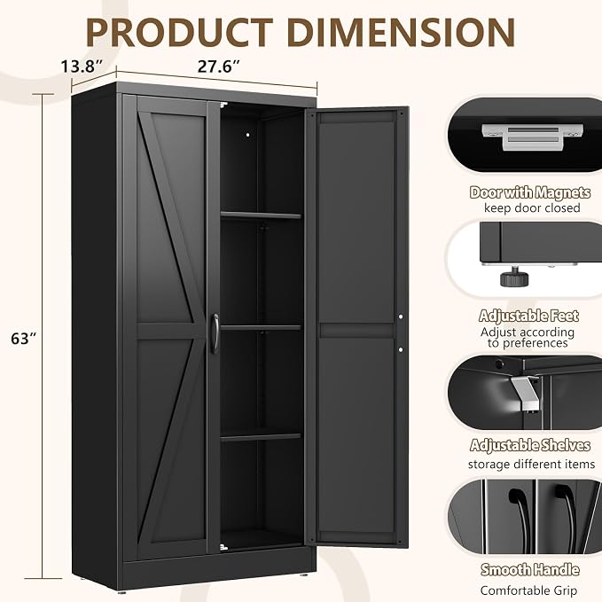 Black Metal Storage Cabinet, 63" Kitchen Pantry Cabinets for Office | Steel Kitchen Pantry Storage with Doors and 3 Adjustable Shelves, Metal Tool Cabinet, for Office, Home, Garage, School