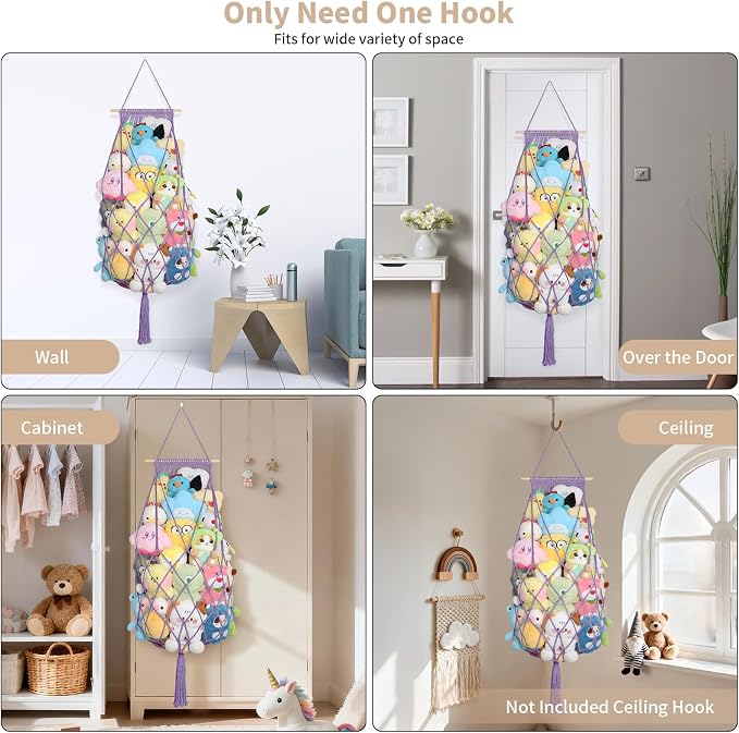 Stuffed Animal Storage Hammock Corner,70'' Macrame Toy Net,Purple | Wall Ceiling Over Door Hanging Stuffed Animals Hammock, Boho Macrame Stuffy Storage Holder, Nursery Playroom Kid Room Decor