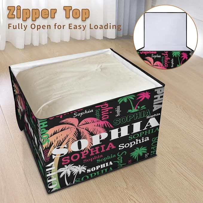Custom Name Storage Bin with Lid, Personalized Extra Large Pink Green Tropical Palm Tree Black Storage Basket with Handles Zippers for Organizing Comforters, Blankets, Bedding Closet Shelf Baskets