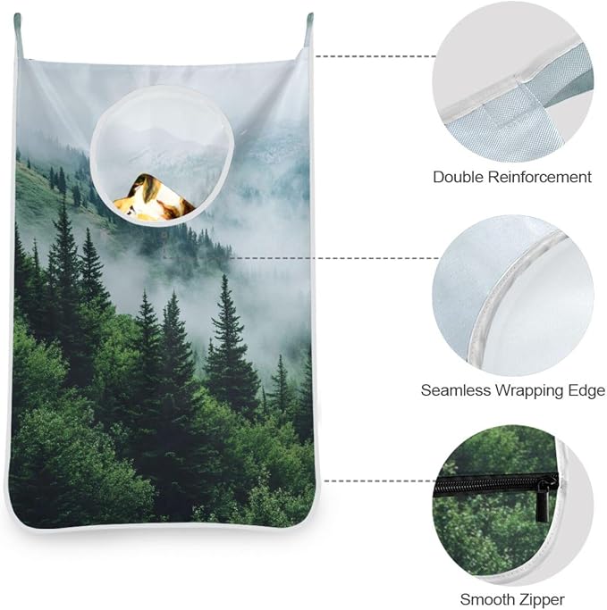 1PC Hanging Laundry Hamper Bag Over the Door Laundry Hamper Wall Hamper Large Dirty Clothes Hamper with Stainless Steel Hooks 29.5x20Inch Foggy Green Mountains and Trees