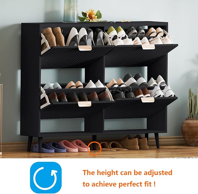 Shoe Cabinet Storage,Modern Freestanding Organizer with 4 Flip Drawers,Narrow Shoe Rack Cabinet for Entryway,Black