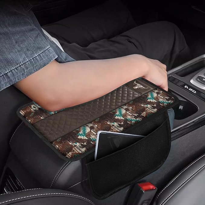 Howilath Bull Print Car Armrest Cushion Non-Slip Cover for Center Console | Southwest Anti-Slip Backing, Protects From Pet Claws and Daily Wear with 2 Storage Pockets