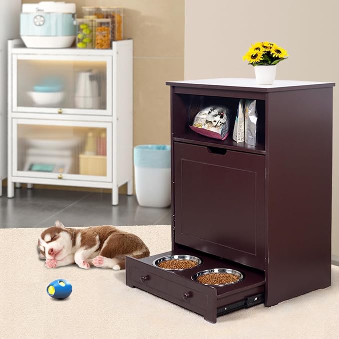 Pet Feeder Station, Dog Food Storage Cabinet with Stainless Steel Double Pull Out Raised Dog Bowls, Pet Food Toy Storage Container, Elevated Cat Bowls Feeding & Watering, Pet Toy Storage Organizer