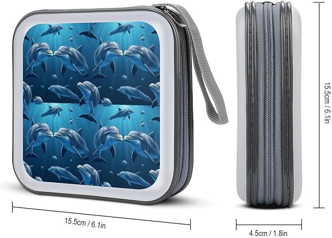 Protective 40-Disc CD/DVD Wallet Ocean Sea Animal Lover Dolphin, Hard Plastic Storage Binder with Handle, Portable Organizer for Car Office Travel