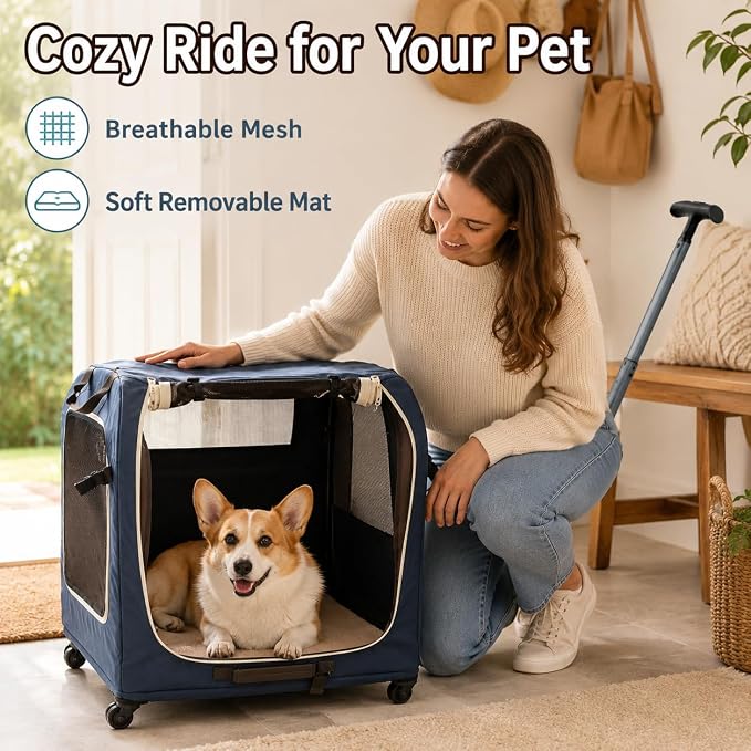 Foldable Rolling Pet Carrier Crate with Telescoping Handle | Soft-Sided Mesh Vents, 4 Smooth Wheels, Removable Inner Mat, Compact Flat Storage, Small to Medium Pets