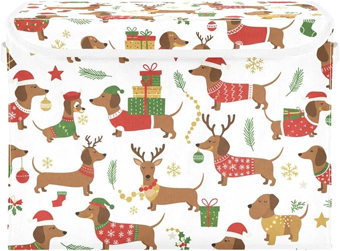 Dogs Christmas Storage Bins with Lids Closet Bedroom 40L Fabric Bin | Decorative Storage Boxes, Foldable & Stackable, Dust-Proof Flip Top, Reinforced Handles, For Home & Dorm, Clothes & Toy Box