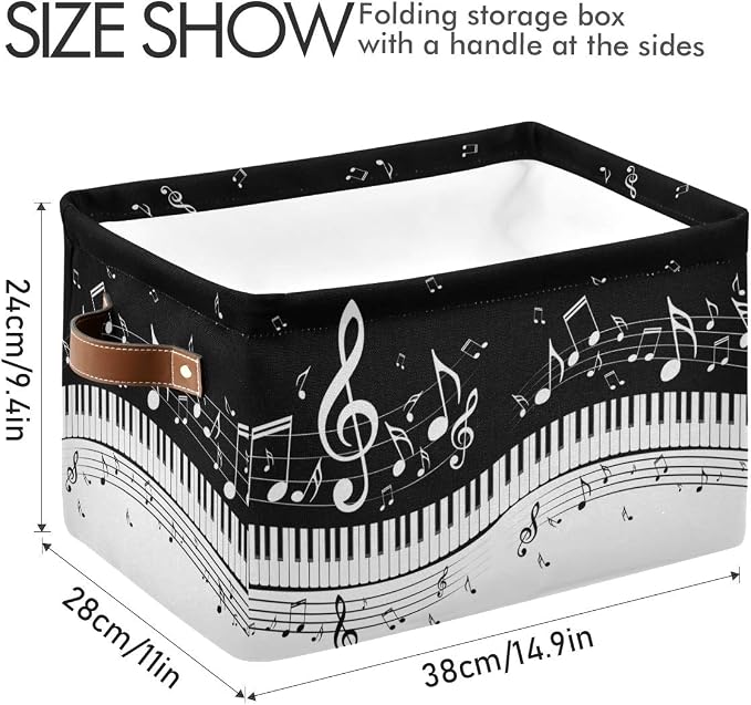 Foldable Storage Baskets Set of 2, Piano Keys Musical Notes Storage Bins with Handles, Decorative Cloth Organizer Storage Boxes for Home|Office 15 x 11 x 9.5 in