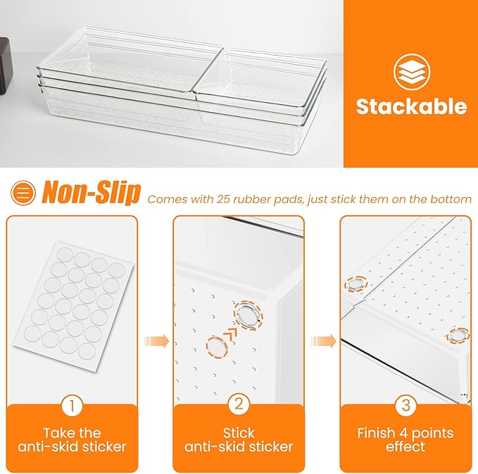 6 Pcs Large Size Clear Drawer Organizer Set, Acrylic Non Slip Non Cracking Kitchen Drawer Storage Tray Divider, Multifunctional Storage for Cosmetics, Bathroom, Tools, Kitchen and Office