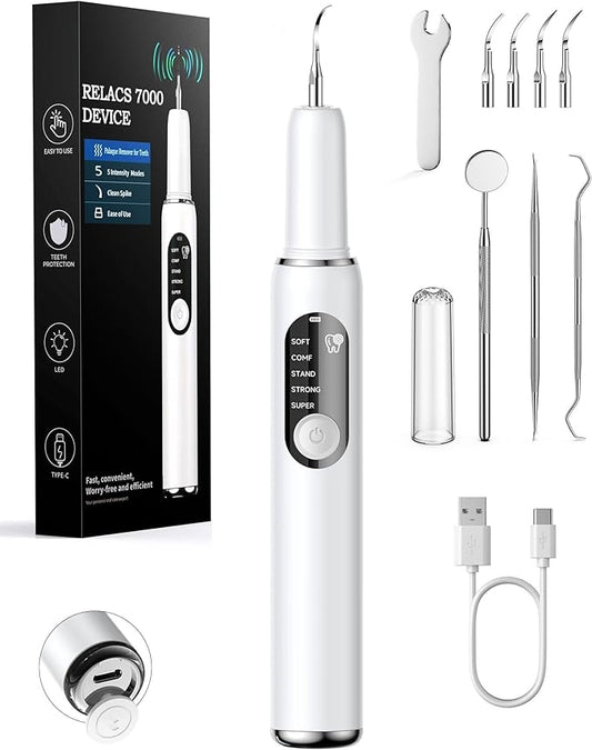 RELACS 7000 Plaque Remover for Teeth, Tartar Remover for Teeth, Dental Calculus Remover, Teeth Cleaning Kit 5 Speed Modes with 3 Replaceable Heads, with LED Light.