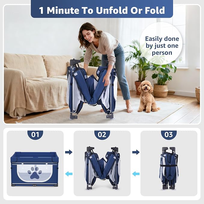 LOOBANI Foldable Dog Playpen with Cover, 1 Min Setup, 43.3"x43.3"x27.1" | Blue Pet Puppy Playpen Indoor, Sturdy Reinforced Steel/Iron Frame, Portable Whelping Box For Home Dog Cat Rabbit, Patented