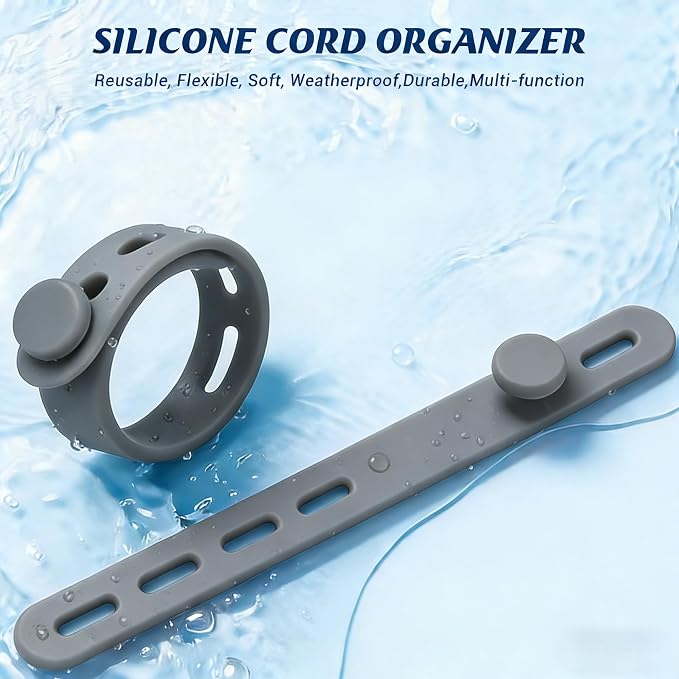 24 Pack Silicone Cable Ties, Cord Wrap for Home Office Travel Organizer | reusable, durable, adjustable, waterproof, elastic wire straps, multipurpose desk organization charger cord management holder