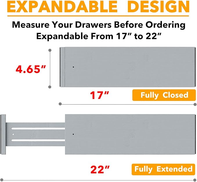 SpaceAid Bamboo 4 Pack Dresser Drawer Dividers, 4.65“ High Adjustable 17“-22” Drawer Organizers, Expandable Organization for Clothing, Clothes, Dressers, Gray