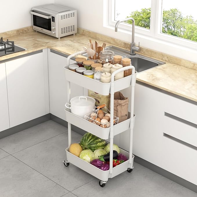 Sywhitta 3-Tier Plastic Rolling Utility Cart with Wheels for Storage,White | Multi-Functional Storage Trolley, for Office, Living Room, Kitchen, Bathroom,Movable Organizer,Space-Saving,Easy to assemble