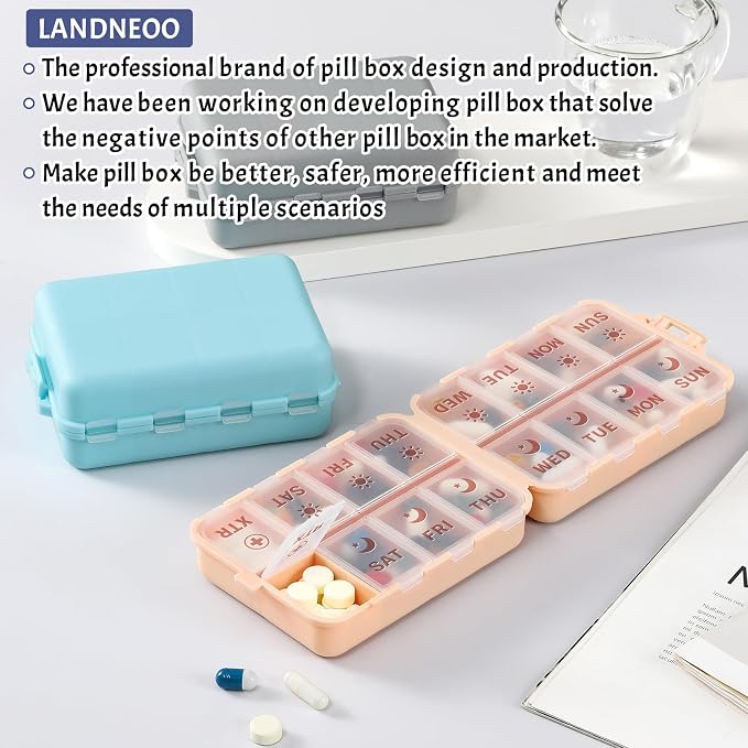 Foldable Weekly Pill Organizer 2 Times a Day with 2 Extra Compartments - Etched Labels - Portable 7 Day AM PM Medicine Box, Week Daily Travel Pill Case Holder Dispenser for Vitamin, Supplement - Pink