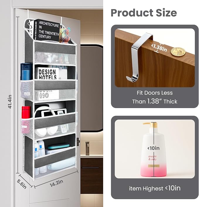 Over The Door Organizer 4 Shelves & 4 Side Pockets, Large Storage Rack | Anti-Tilt Hanging Door Storage for Closet, Heavy-Duty Mesh Shelf for Bathroom Closet Toy Organization Shoes Towels, Grey