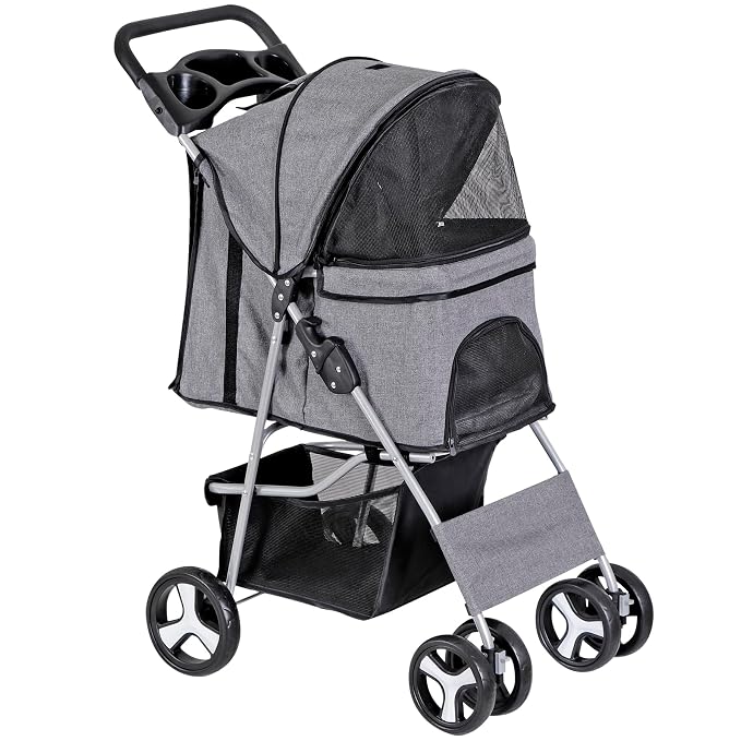 Pet Stroller for Medium Small Dogs - Easy to Walk Folding Travel Carrier Strolling Cart with Cup Holder, Weather Cover and Storage Basket (Gray)