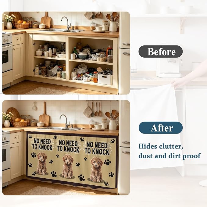 NO Need to Knock Sink Skirt for Bathroom, Self-Adhesive Under Sink Curtain, Poodle Dog Paw Prints Pet Lover Farmhouse Hide Pipes & Storage Fabric Cabinet Skirt Cover for Kitchen Laundry 32"x55"