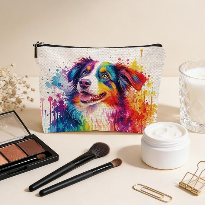 Colorful Border Collie Makeup Bag Dogs Gifts Cosmetic Bag Makeup Pouch | Cute Dog Travel Toiletry Bags, Christmas Birthday Gifts for Women Mom Girls Daughters Sisters Friends Dog Lover Pet Owner