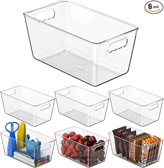 Clear Fridge Organizer Bins with Handles, 6 Pack 9.5×5×4.5 Inch | Clear storage bins with handles, food organizer basket for kitchen, fridge, freezer and bedrooms