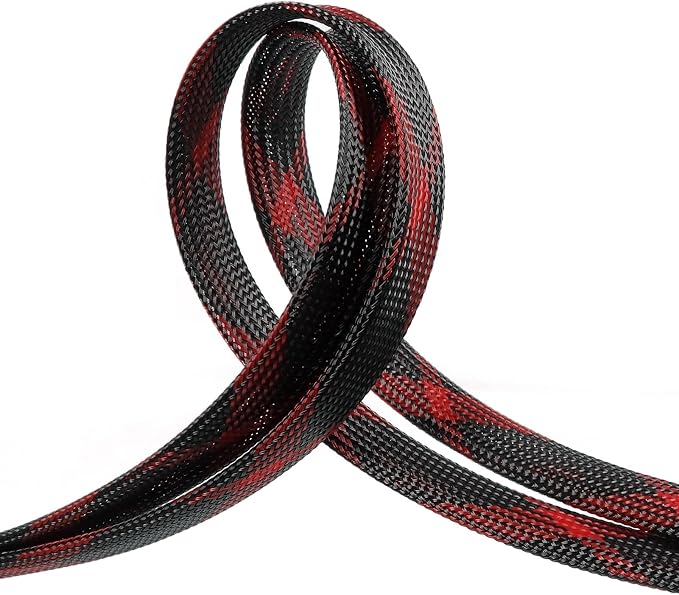 Braided Cable Sleeve, 33ft Expandable Wire Loom for Automotive Wiring Harness & PC Case, Pet-Proof Chew Resistant Cord Protector, Flexible Cable Management (Black-Red, 8mm (5/16"))