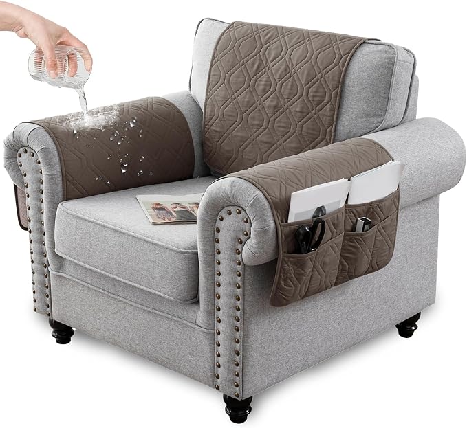 Recliner Armrest Cover with Headrest, Chair Armrest Slipcover with Side Pockets, Water-Resistant, Non Slip Furniture Protector for Pets (Gray Brown,1 Seater 3PCS)
