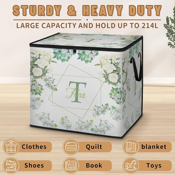 Personalized Name Foldable Storage Basket Cubes with Lid, Laundy Hamper Dirty Clothes Pet Toys Storage Bin with Handles for Shelf Home Closet Kitchen, Off White Gardenia Floral