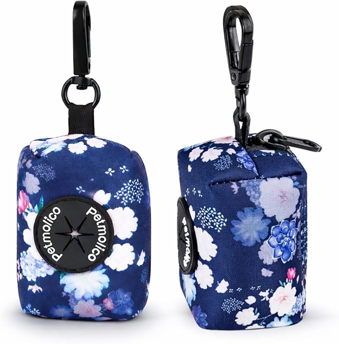 Petmolico Dog Poop Bag Holder Dispenser 2 Pack, Blue & White | Zippered pouch fits any leash, includes free roll of bags, lightweight & portable for daily walks, travel & outdoor use