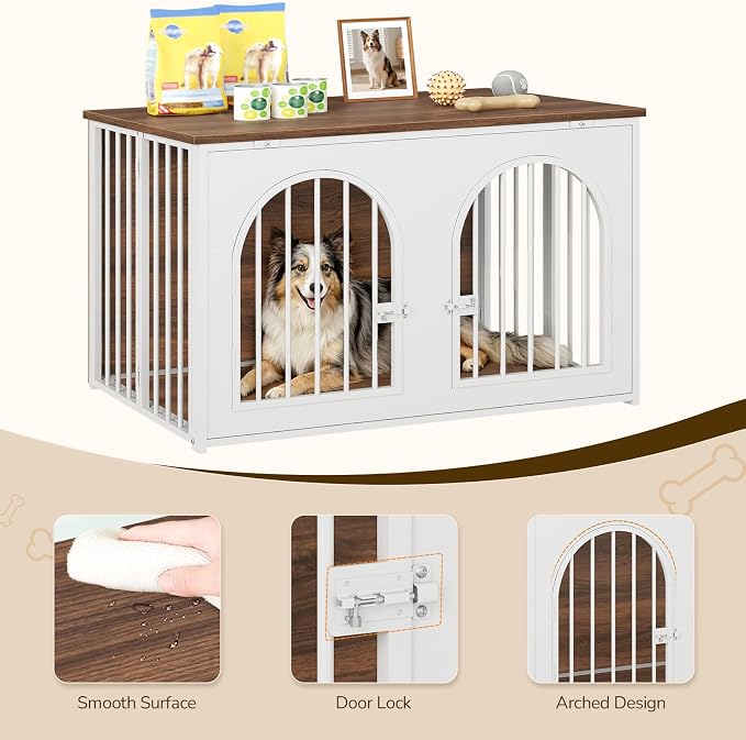 YATINEY 37.4" Dog Crate Furniture Foldable, Assembly-Free Dog Kennel | Arched Design, Collapsible Dog Crate, Dog Cage End Table, with Secure Door Lock, for Living Room, Hallway, Bedroom
