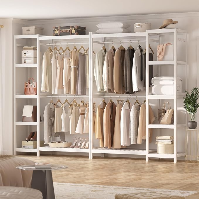 Bamboo Closet System, Heavy Duty Clothing Rack for Hanging Clothes, Freestanding Clothes Rack with 7 Adjustable Shelves & 2 Rods, 4 Hooks, Open Wardrobe Organizer Garment Rack, Pure White