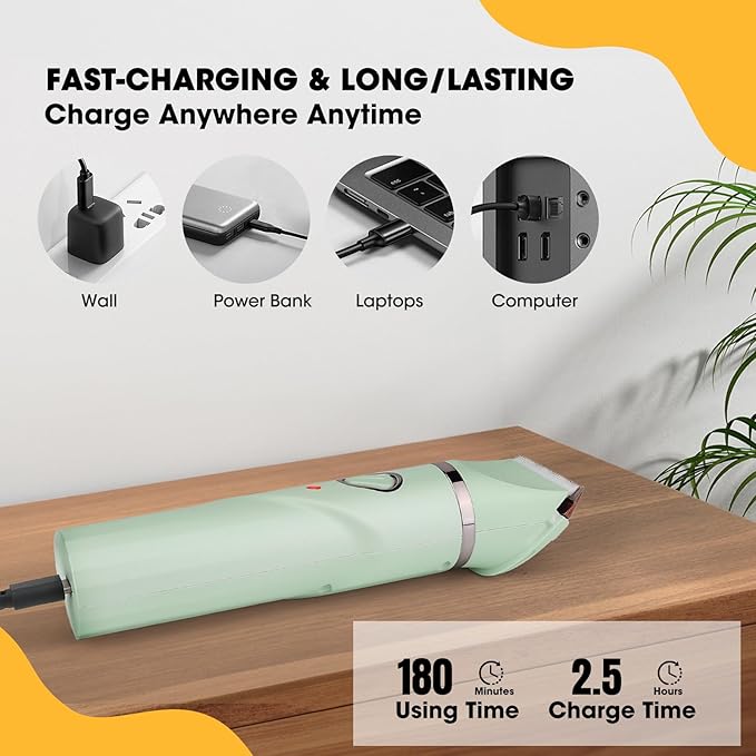 QREEYX Upgrade Dog Grooming Kit, Cordless Dog Paw Trimmer, 4 in 1 Low Noise Pets Hair Clipper Grooming Kit, 2-Speed Nail Grinder with Stainless Steel Blade for Small Pet with Thick Coats (Green)