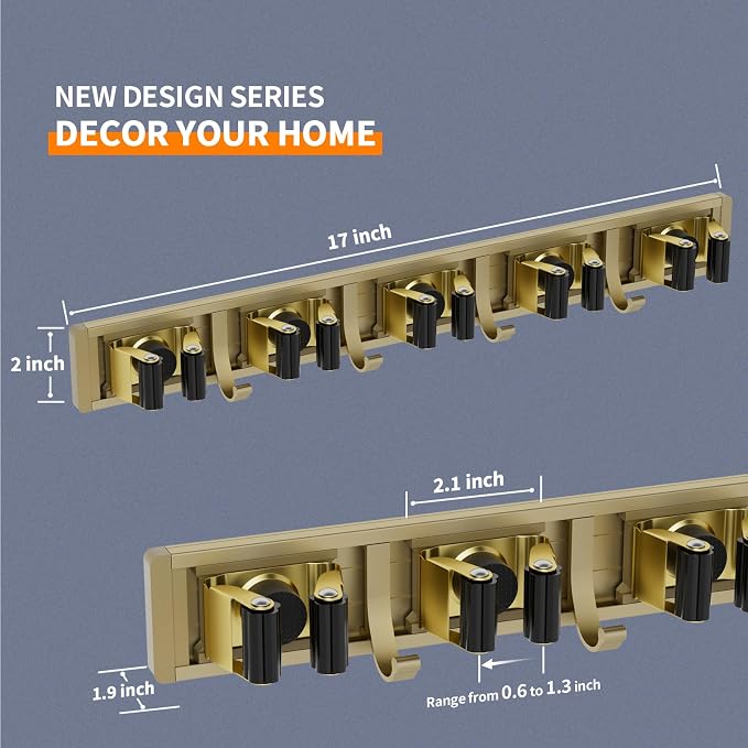 reliahom Broom Holder Wall Mount Mop Hanger Tools organizer 5Racks 4Hooks | Adjustable Mop Broom Wall Hanging Heavy duty Tools Storage Rack Space-saving for Garage,Kitchen,Laundry Room,Garden, Bronze
