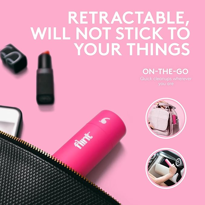 Flint Classic Pink Retractable Mini Lint Roller with 90 Extra Sticky Sheets, Small and Portable Lint Roller, Ideal Pet Hair Remover, Travel Lint Rollers for pet Hair Extra Sticky