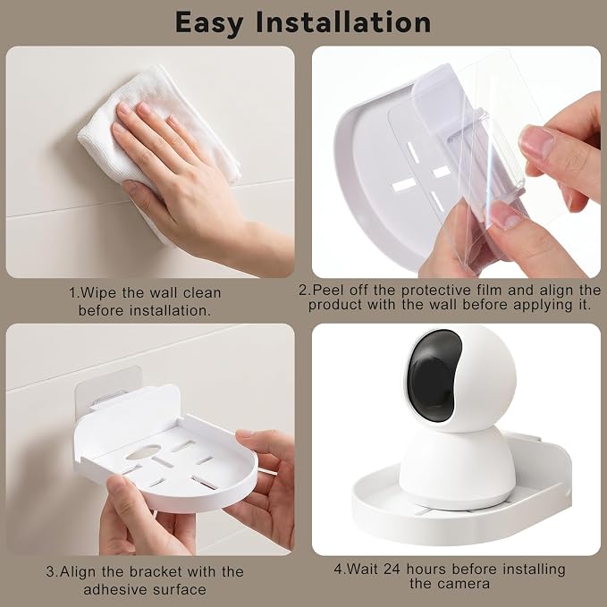 4 Pack Adhesive Security Camera Wall Mount, Universal Monitor Brackets with Cable Clips Self Adhesive Versatile Surveillance Holder Small Wall Shelf for Bedroom Kitchen Living Room White
