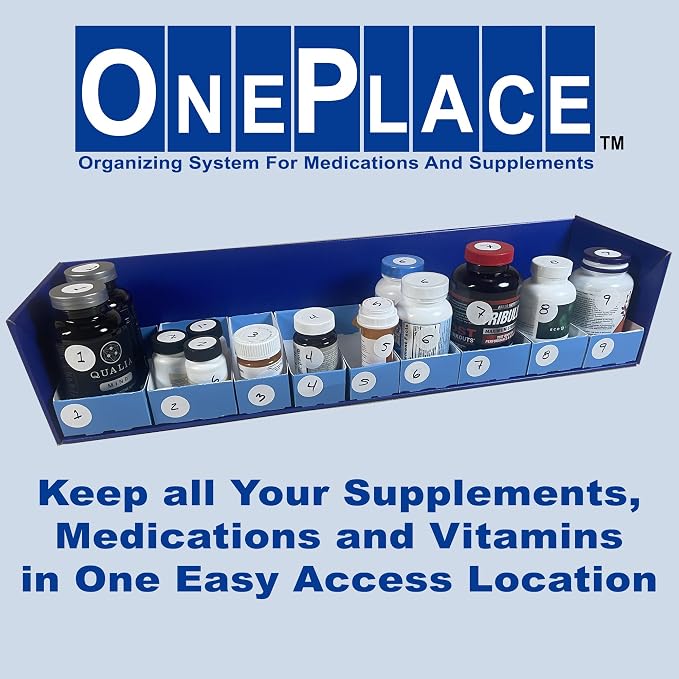 One Place Organizing System for Pill Bottles, Medication Bottles, Supplements and Vitamins - Fits Counter Tops, Pantry, Cabinets. 9 Storage Compartments - Easy Access - Made in USA
