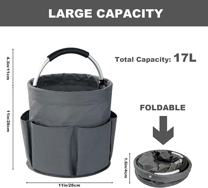Cleaning Caddy with Handle, 17L Foldable Cleaning Supplies Organizer, Portable Storage Basket, Cleaning Supply Caddy, Multifunctional Cleaning Bucket Bag for Garden, Home, Kitchen (Grey)