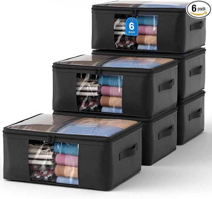 Clothes Storage Bags, Foldable Thick Fabric Blanket Storage Bags, Large Clear Window & Carry Handles, Great for Clothes, Blankets, Closets, Pillows (Black, 6PACK)