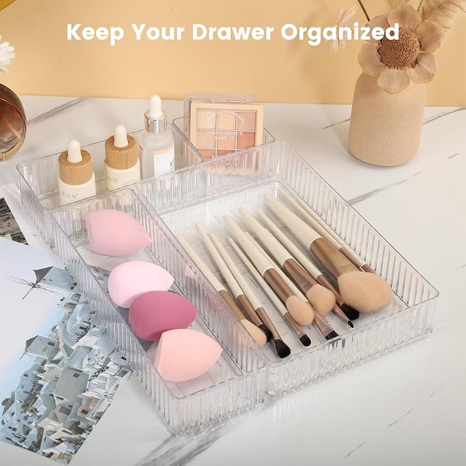 4 PCS Drawer Organizer Set, 4 Different Size Stackable Trays | Transparent Kitchen Desktop Organizer Bins for Makeup, Office Supplies, Utensils Storage