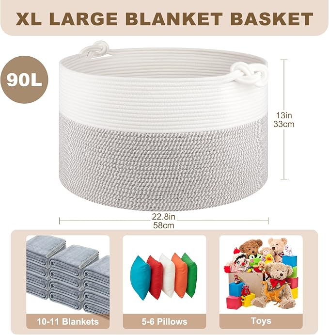 OIASKET Large Blanket Storage Basket for Living Room, 22.8" x 22.8" x 13" Woven Cotton Rope Basket with Handles, Baby Toy Storage, Laundry Hamper for Clothes, Pillows, Towels-Grey and White
